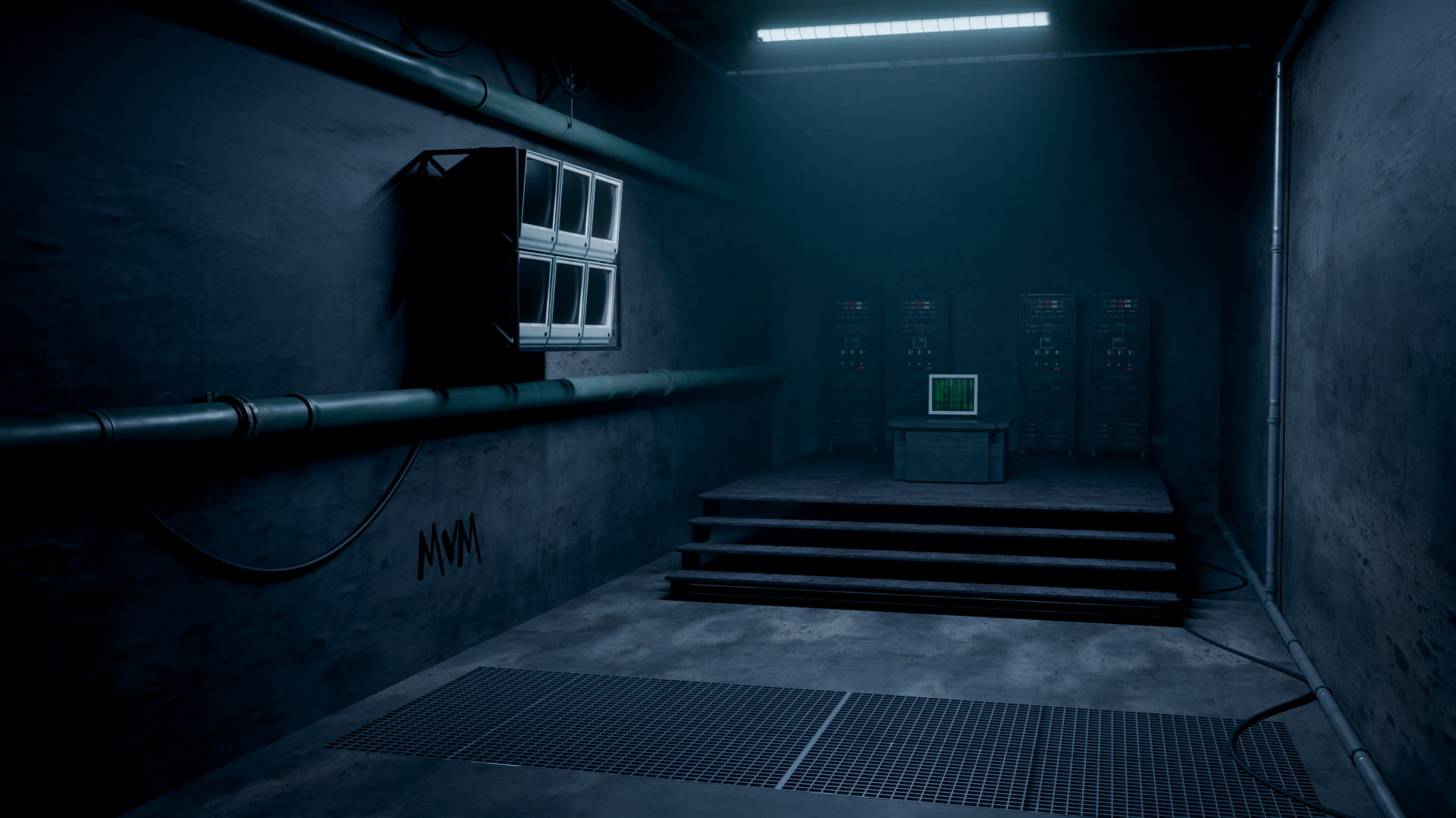 ECSC venue with CRT monitors, server racks, and cyan lighting